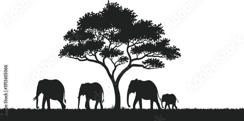 PrintElephant family silhouette illustration, wildlife nature scene, tree design, safari vector art, animal graphic, grassland artwork concept