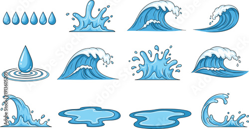 Vector collection of blue water splashes and waves, cartoon liquid droplets, ocean surf and puddles isolated on white background for nature design.