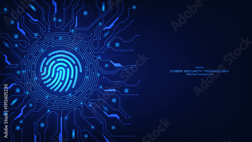 Concept of cybersecurity and personal data protection. Fingerprint on a futuristic circuit board. Symbolizing digital identity and biometric authentication. Business security. Vector illustration.