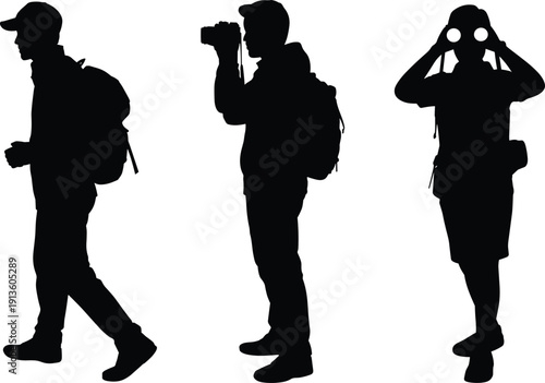 Hiking silhouette illustration, outdoor explorer design, backpack travel vector art, adventure icon, nature graphic, observation activity artwork concept