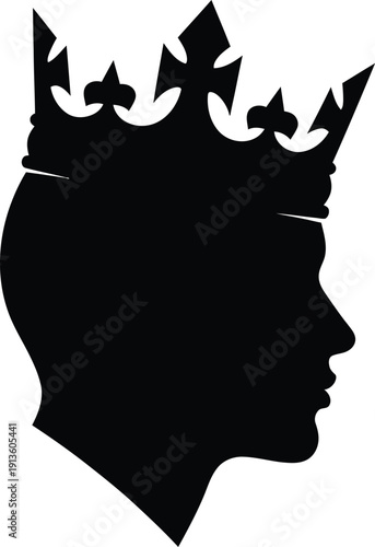 A dignified side profile silhouette of a human head (gender-neutral or subtly ambiguous) gracefully adorned with a prominent royal crown. The outline should clearly define the face, neck, and crown.
