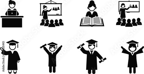 Vector icon set of education and graduation symbols featuring teachers in classrooms, students studying, and graduates holding diplomas for academic design projects.