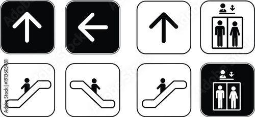 Vector icon set of wayfinding signage featuring elevator, escalator and directional arrows, black and white symbols for public building navigation systems.