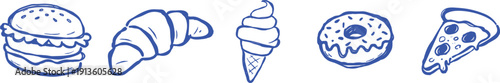 Sketchy burger, croissant, ice cream, donut, and pizza slice doodle