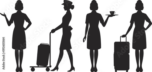 Black silhouettes of flight attendants in uniform, air hostess carrying luggage, stewardess serving coffee, airport staff professional poses, travel vector