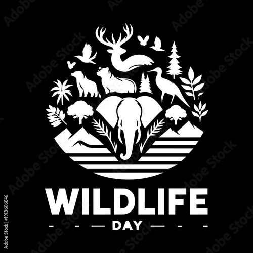 Minimalist wildlife conservation day poster featuring elephant, deer, bear, birds, trees, mountains, nature silhouette badge design for environmental awareness campaign