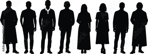 Diverse collection of business people and casual characters in flat vector illustration and silhouettes standing sitting or queueing for recruitment human resources and community