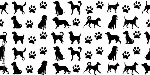 Seamless pattern of black silhouettes featuring various dog breeds and paw prints