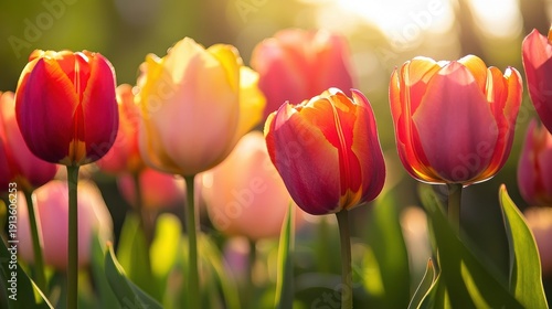 Vibrant pink and yellow tulips bask in warm morning sunlight in a lush garden setting with soft focus background with flowers