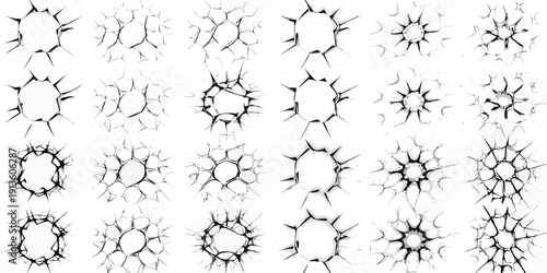 Collection of cracked surfaces resembling starbursts and broken patterns