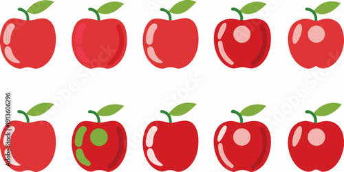 A pattern of vibrant red apples with one green apple included
