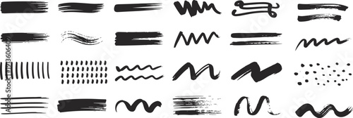 Abstract ink brush strokes set, textured lines, wavy patterns, zigzag elements, artistic design resources for creative projects