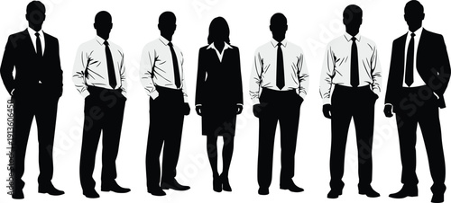 Diverse collection of flat vector business people illustrations and black silhouettes standing in row for recruitment, human resources, teamwork, community, and professional career growth