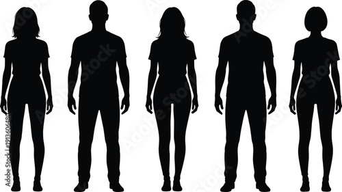 Diverse collection of flat vector business people illustrations and black silhouettes standing in row for recruitment, human resources, teamwork, community, and professional career