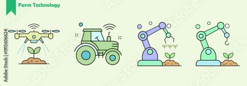 Smart Farm Technology Icon Set – Agricultural Drone, Autonomous Tractor and Robotic Farming Automation