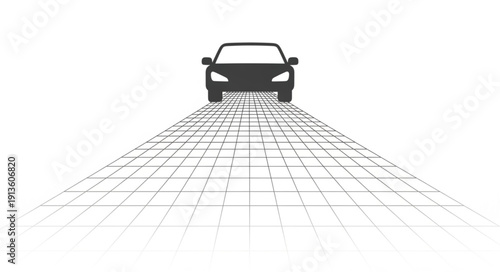 Car driving on a road with perspective lines.