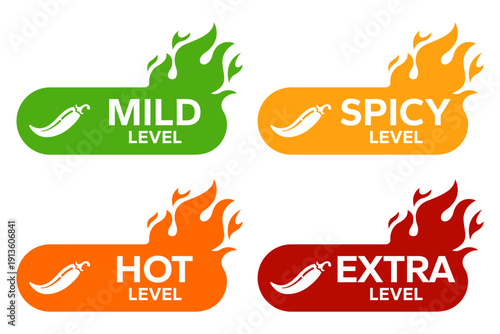 Red Chili Peppers Fire Flames icon. Chili mild level, spicy level, hot level, extra level Label. Hot Spicy green, yellow, orange icons. Logo Spicy. Extra chilli badge. Hot banner. Vector illustration.