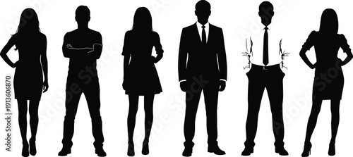 Professional business team silhouettes standing together in a row with one unique highlighted figure representing leadership, individuality, team success, and corporate workforce diversity