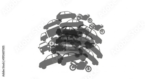 Chaotic pile of cars and motorcycles illustration.
