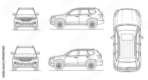 Car blueprint schematic views front side top and back.