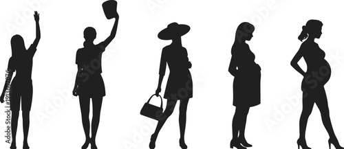 Black silhouettes of women in different poses, pregnant lady, girl waving, woman with hat and handbag, fashion and motherhood, vector