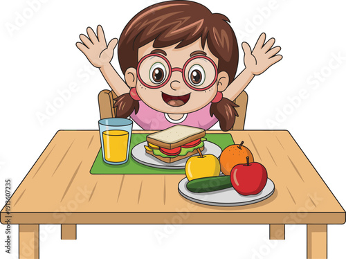 Cartoon little girl with glasses feeling happy with healthy breakfast, sandwich, orange juice, fruits and vegetables on wooden table, vector
