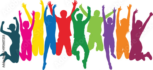 Colorful jumping silhouettes, people celebration, joyful crowd, diverse community, teamwork unity, happy group, festive illustration, party design, energetic pose, fun