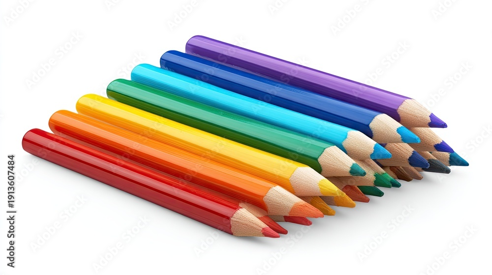 Fototapeta premium Colorful collection of vibrant wooden colored pencils arranged neatly in a row on a white background, perfect for art and design purposes