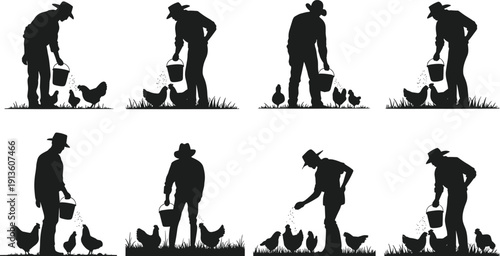 Farmer feeding chickens silhouettes, rural agriculture, poultry care, farm life illustration, livestock feeding, countryside work, agricultural worker, village farming scene