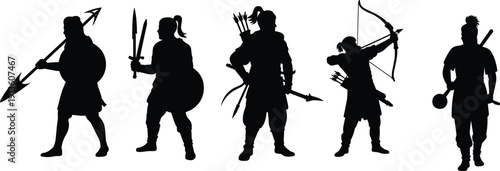 Ancient warrior silhouettes set with sword, shield, spear and bow, black medieval fighter characters isolated on light background, minimalist vector illustration for historical design