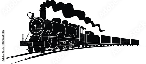 PrintSteam locomotive silhouette illustration, cargo train design, railway transport vector art, industrial icon, vintage travel graphic, historical artwork concept
