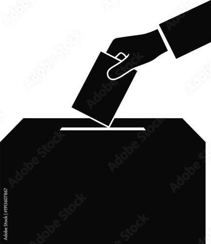 Hand Putting Ballot Paper into Voting Box, Election Day Concept Silhouette, Democracy Participation Icon, Political Choice Vector Illustration, Government Survey.