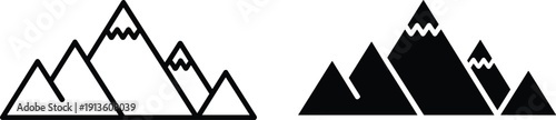 Mountain range icon set in outline and solid silhouette styles, black alpine peaks with snow caps isolated on light background, minimalist vector illustration for travel branding