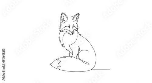 Red Fox Sitting Isolated on White Background Line Art
