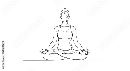 Woman Meditating in Lotus Position on White Background, Line Art Illustration