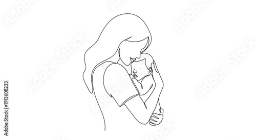 Mother Holding Baby, Line Art, Simple Illustration and Isolated on White