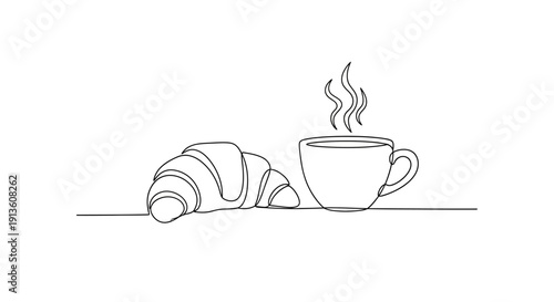 Croissant and Coffee Cup Line Art on White Background