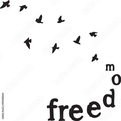   
Freedom Typography Silhouette Vector – Black and White Artistic Illustration of Word Transforming into Flying Birds