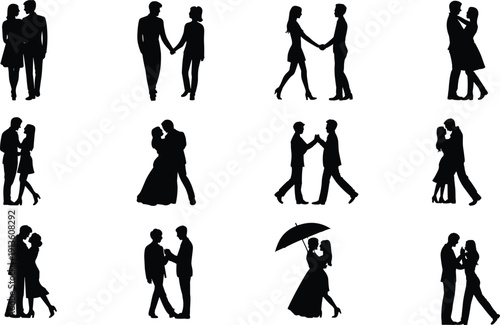Romantic couple silhouettes set in various poses, holding hands, dancing and embracing, black love story figures isolated on light background, minimalist vector illustration