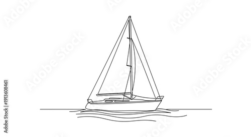 Sailboat Sailing on Calm Water, Simple Line Art Illustration