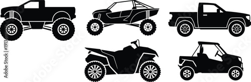 Off-road vehicle silhouettes, monster truck, dune buggy, pickup truck, ATV, UTV, rugged terrain, adventure, motorsport icons