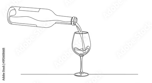Wine Being Poured into Glass on White Background Line Art
