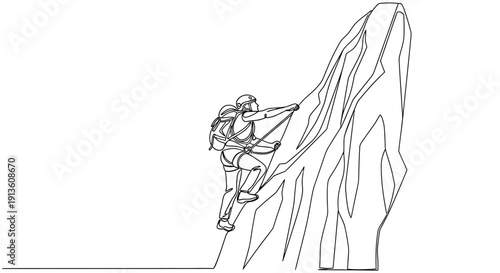 Rock Climber Ascending Steep Cliff Continuous Line Art