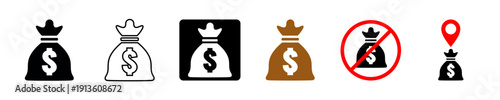 set editable bag money line, glyph, not allowed and location icon vector for financial maps. Ideal for banking apps and wealth tracking. Symbolizes secure assets, restricted zones, and cash flow.