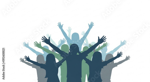Silhouetted People Celebrating with Raised Arms against White Background