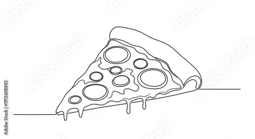Pizza Slice with Melted Cheese Isolated on White Background Continuous Line Art