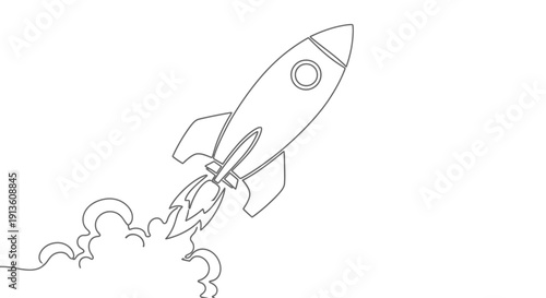 Rocket Launching into Space with Smoke and Flames Isolated on White