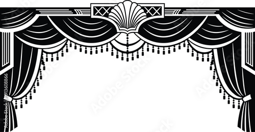 Vintage Theater Stage Curtain with Decorative Valance, Art Deco Style Drapery, Black and White Vector Illustration for Performance, Show, Event.