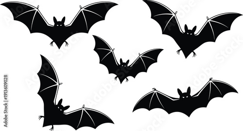 Spooky flying bats silhouette set, Halloween nocturnal animals, eerie dark wings illustration, scary night creatures isolated vector design