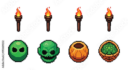 A pixel art collection showcasing flickering torches, a green alien head, a skull, and pumpkin pots, one filled with mysterious green goo.